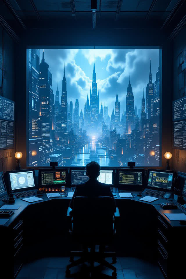 A symbolic cinematic scene shaped by default, details, discovered, with visual cues of control room, palimpsest walls, t