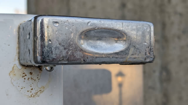 Medium-close lateral crop on a public drinking-fountain push bar after rain, with no full fountain or room visible. The