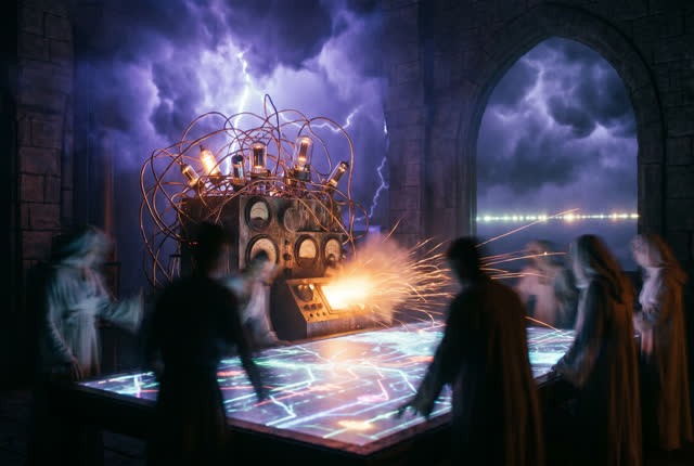 A surreal but emotionally coherent tableau shaped by wake-trigger, admin, alive, with visual cues of switchboard glow, t