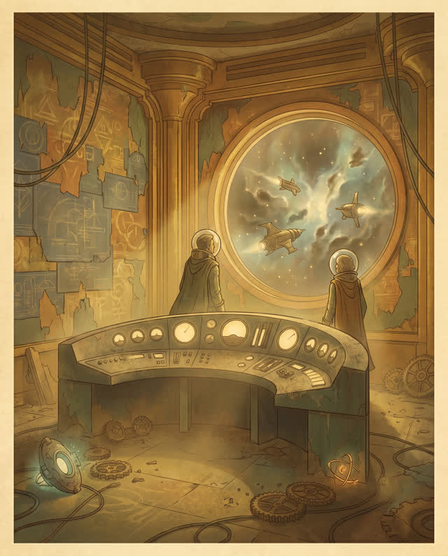 A surreal but emotionally coherent tableau shaped by agents, architecture, artifacts, with visual cues of after-action c