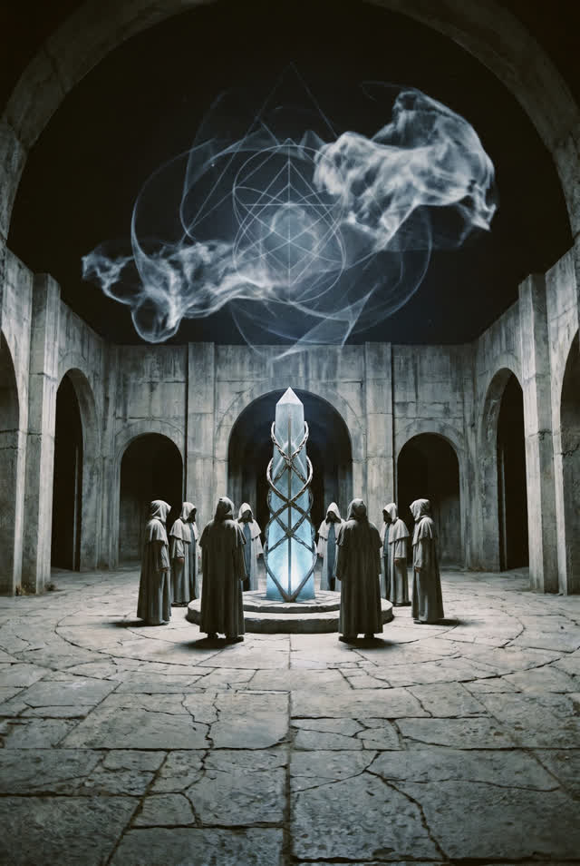 A single striking composition shaped by agents, architecture, artifacts, with visual cues of echo archive, network weath