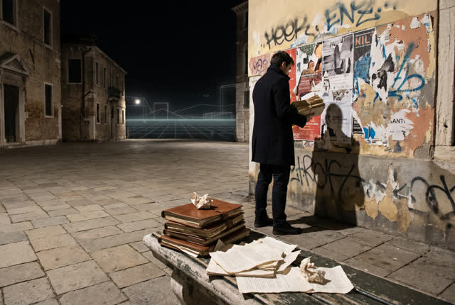 A single striking composition shaped by docs, drift, during, with visual cues of hushed plaza, palimpsest walls, telemet