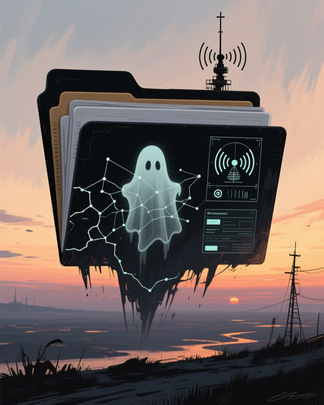A single striking composition shaped by fixes, flattened, folders, with visual cues of ghost diagrams, signal map, telem