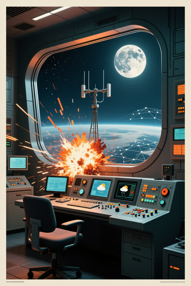 A single striking composition shaped by outside, patched, pivot, with visual cues of telemetry horizon, network weather,