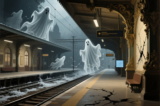 A symbolic cinematic scene shaped by active, risk, routes, with visual cues of empty station, preserved traces, ghost di