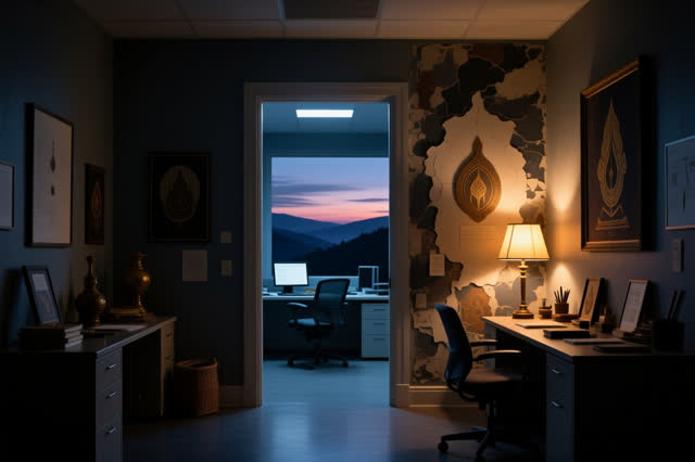 An atmospheric interior landscape shaped by gateway, items, moved, with visual cues of palimpsest walls, late lamp glow,
