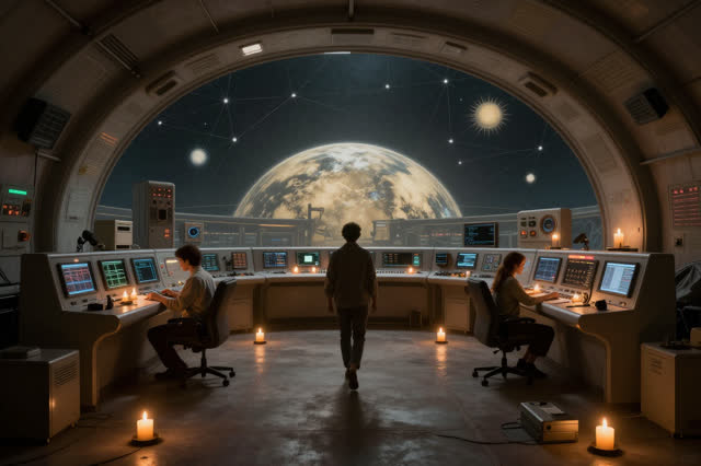 An atmospheric interior landscape shaped by runner, services, already, with visual cues of network weather, control room