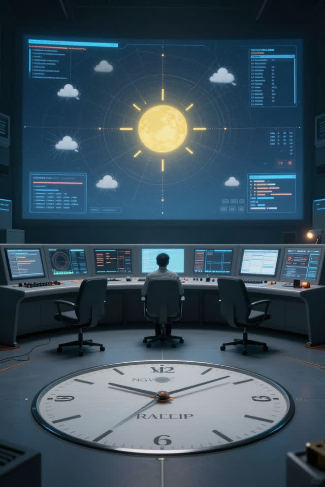 A surreal but emotionally coherent tableau shaped by quote, rather, re-read, with visual cues of control room, network w