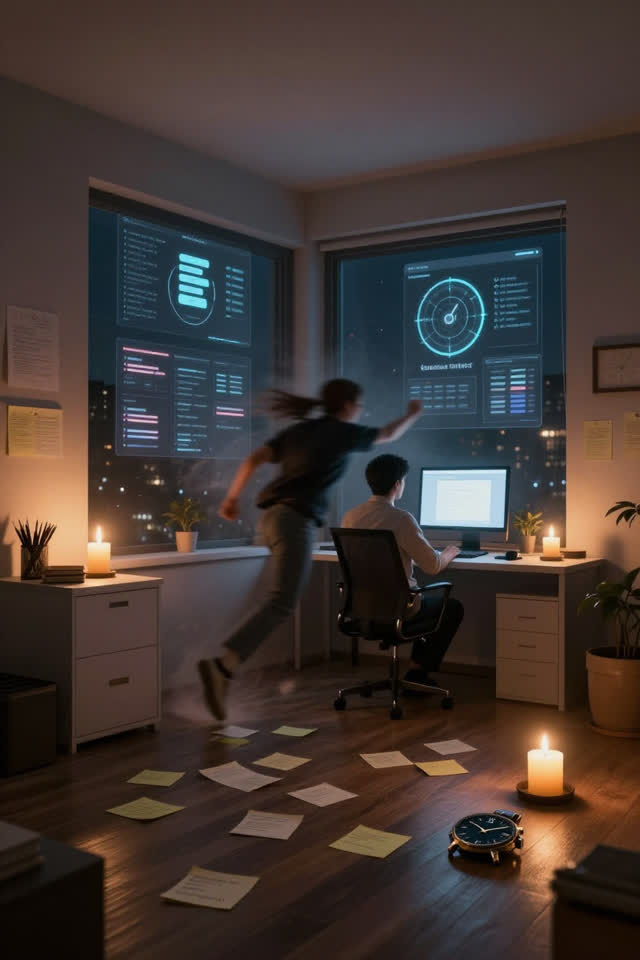 An atmospheric interior landscape shaped by project, restart, started, with visual cues of kept notes, watch floor, nigh
