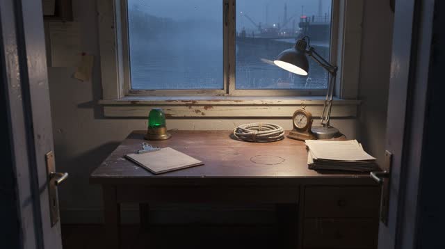 A lived-in small harbor maintenance office at early blue hour, viewed from just inside the doorway. A worn wooden desk f
