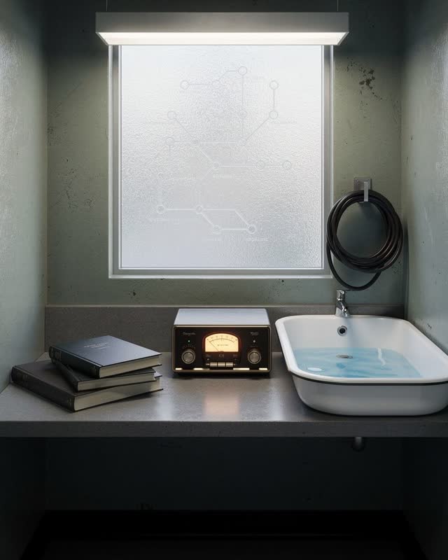 A believable civic maintenance bench that quietly combines archive counter, radio room, and wash station. Three plain le
