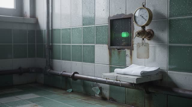 An old municipal bathhouse pump alcove in cold clear morning light, glazed jade and milk-white tiles damp with condensat