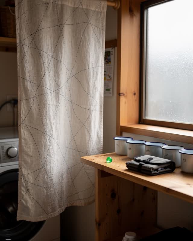 A neighborhood laundry room that also serves as a rain-map notice nook, shown in soft midday window light with warm wood