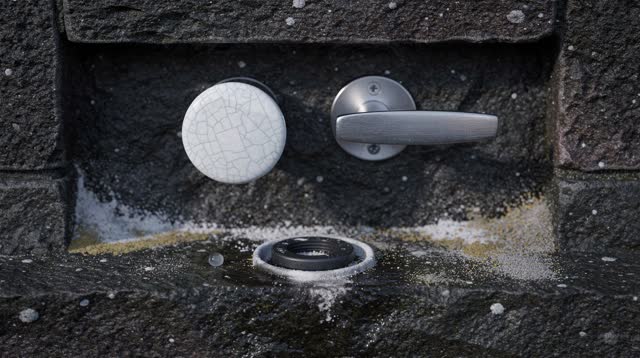 A small public drinking-fountain service recess set into a rain-dark stone wall, seen in cold early morning daylight. A