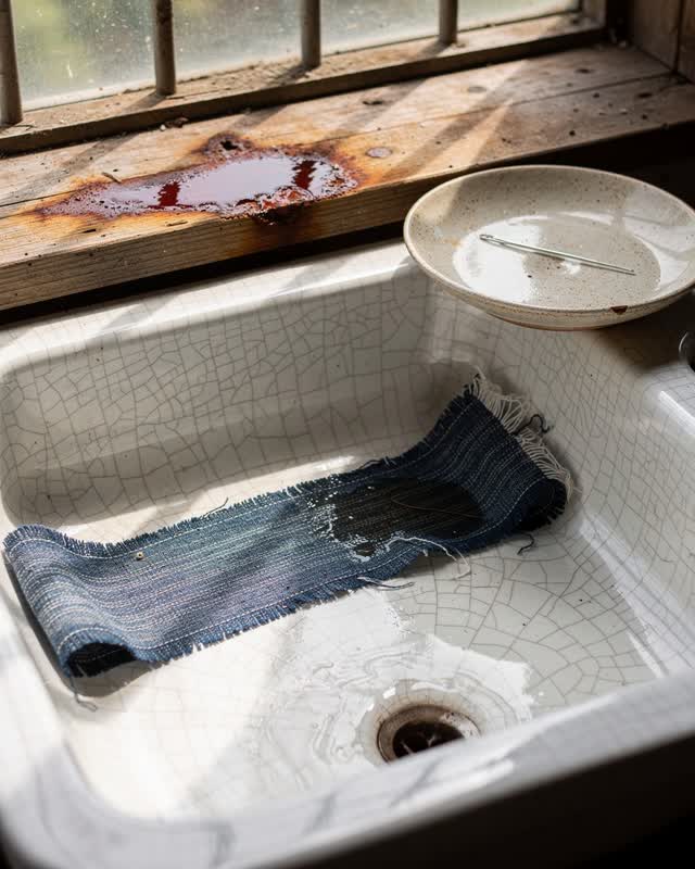 A small community textile sink in soft midday window light. A white ceramic dye sink with fine crazing holds a faded ind