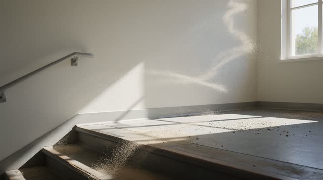 A high-window civic stair landing in strong clean morning sun. Dust motes in one diagonal sunbeam briefly arrange into s
