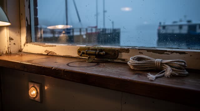 A small harbor service room at early blue hour, seen close across a worn wooden windowsill toward salt-hazed glass. Fog