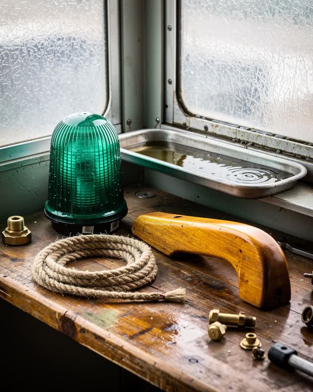A compact ferry maintenance workshop in soft midday light through frosted glass. A cleaned sea-green ferry lamp lens dri