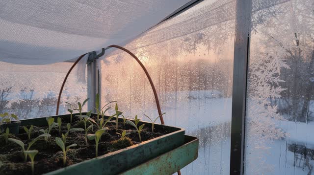 A small civic greenhouse at cold sunrise, empty but visibly tended. Young plant trays sit in damp dark soil while white