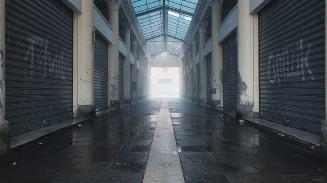 A covered neighborhood market arcade just after rain, before any stalls open. One clean dry walking line runs through ra