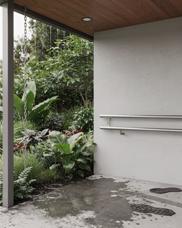 A ferry-free neighborhood transit alcove beside a rain garden after a shower, seen from outside looking inward. A roof e