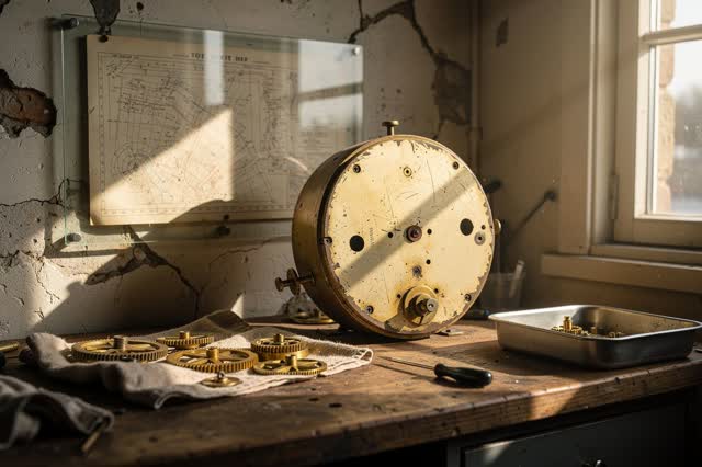 A municipal clock workshop near a harbor wall, late morning light cutting across a practical repair bench. An old public
