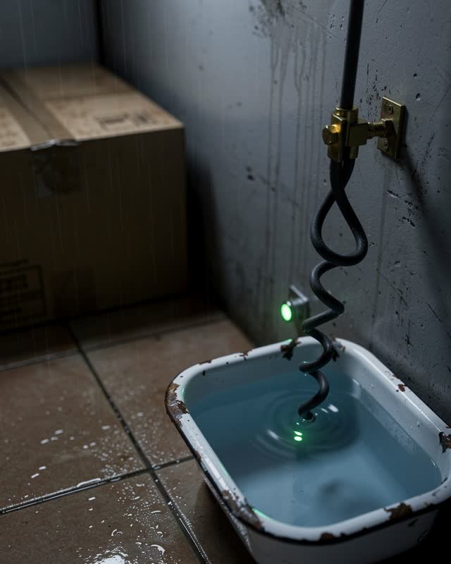 A narrow service vestibule after rain, viewed close and asymmetrically. A dark rubber cable coil is slipping toward a cl
