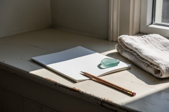 A quiet civic reading alcove with a single window seat in thin late-afternoon daylight. One blank page lies open on the
