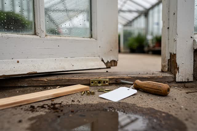 A public greenhouse side door after rain, viewed close from the potting threshold. A warped latch is being taught to clo