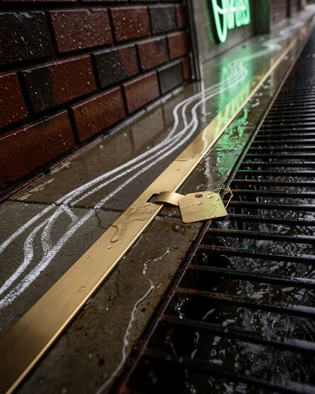 A sloped exterior service landing after rain, between a rain-dark brick wall and a metal drain grate. Water runoff pulls