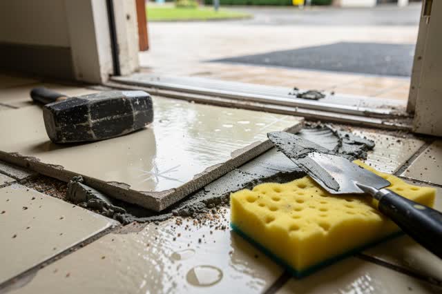 A rain-damp side entrance of a public hall, focused low across a ceramic tiled threshold. One loose cream tile is being