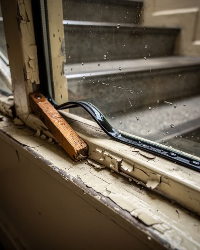 A close asymmetrical view of an old public stairwell window after rain. A warped black rubber seal lets one thin line of