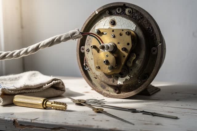 Behind a public hall wall, the back of an old municipal clock is being carefully rewired in late-morning side light. One