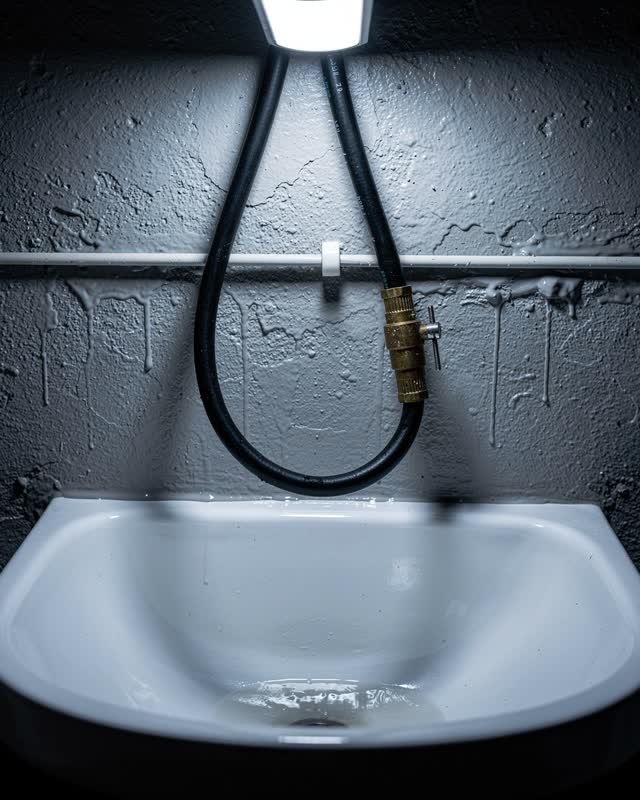 A cramped civic utility wash alcove after a leak was found early, shown in an asymmetrical close-up under a narrow pract