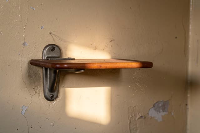 A public laundrette side wall in soft late-afternoon light after the machines have stopped. A clean wooden folding shelf