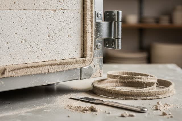 A school ceramics kiln room in clean late-morning daylight. The kiln is cool; its door gasket is being carefully replace