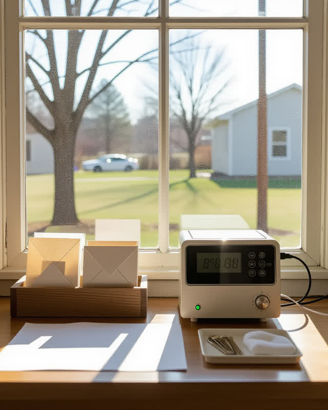 A small civic seed-exchange desk that also serves as weather check-in and repair point, lit by soft midday daylight thro
