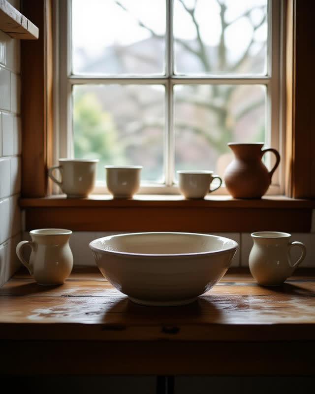 A community pottery washroom in soft midday light through a high frosted window. A clay slip basin sits low in the room,