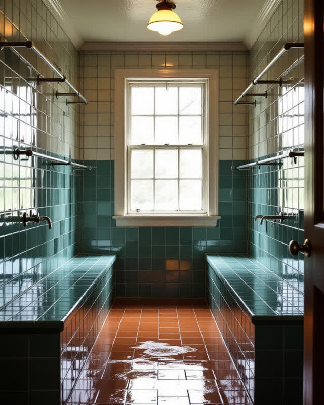 An old public bathhouse drying room repurposed as a neighborhood warming and rain-drying space, shown from a calm room-c