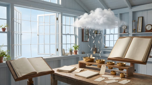 An airy weather-record room in clean morning daylight, windows open to pale sky. A small indoor cloud hovers above a wor