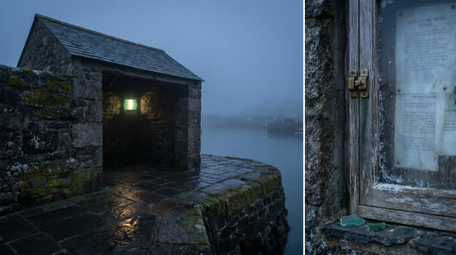 A small exterior ferry-stop shelter built into a weathered stone quay at early blue hour. One modest green route lamp gl