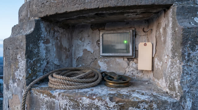 A small civic bell-rope inspection alcove beneath an old public tower, seen in cold early morning side light. A coiled h