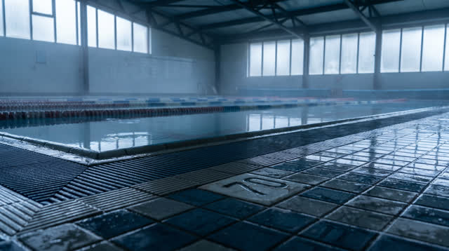 An empty municipal indoor pool edge before opening, viewed low from tile level in cold diffuse morning light. Wet cerami