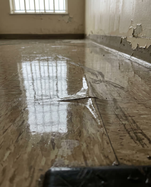 An old civic corridor after rain, viewed low and close to the floor, not empty or monumental. Wet linoleum reflects a hi