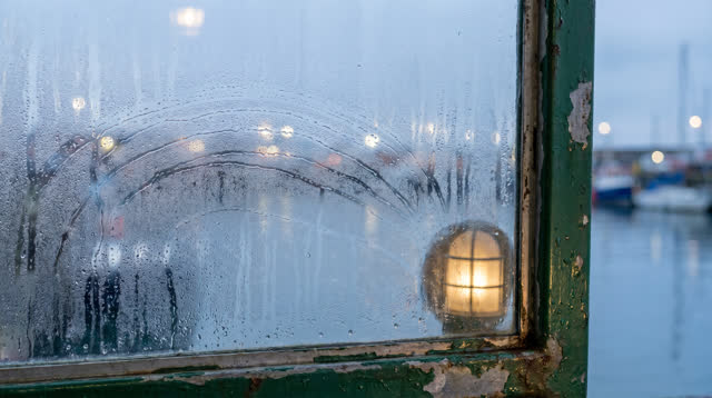 A ferry shelter window at dawn after rain, viewed close so the glass becomes its own quiet landscape. Condensation beads