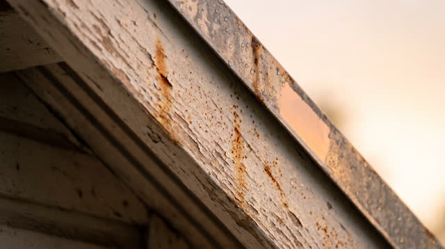 The underside of a civic roof eave at sunrise after a night rain, seen in an upward diagonal close view. Rain beads, rus
