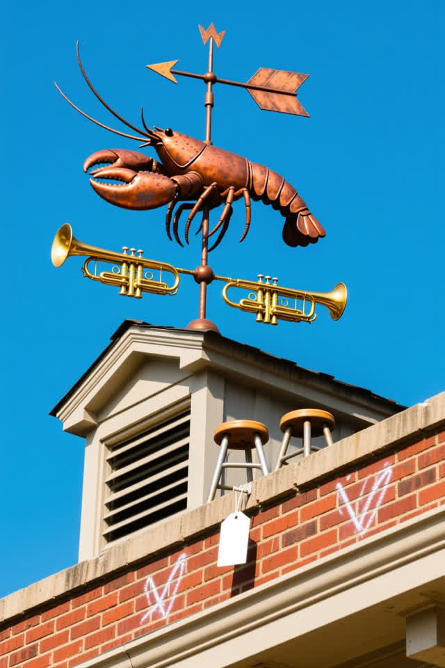 A small rooftop weather alcove above a civic building in bright practical daylight. A lobster-shaped weather vane made o