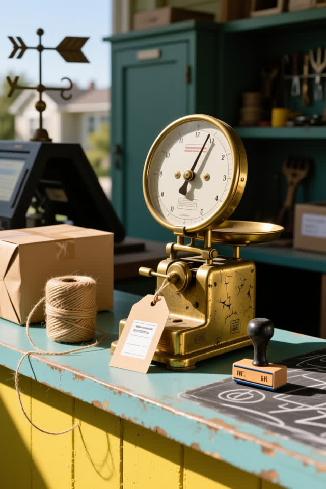 A bright neighborhood parcel counter in late-morning daylight. An old brass mechanical parcel scale subtly tilts in favo