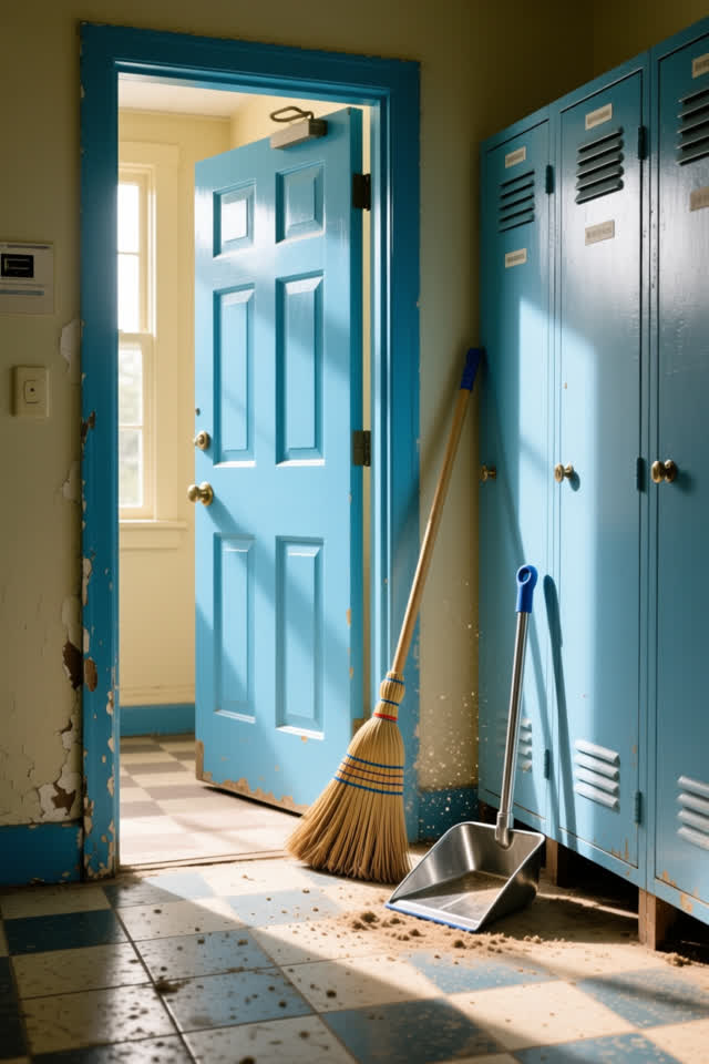 A bright custodial closet doorway with practical daylight spilling onto worn linoleum. A push broom has leaned itself to