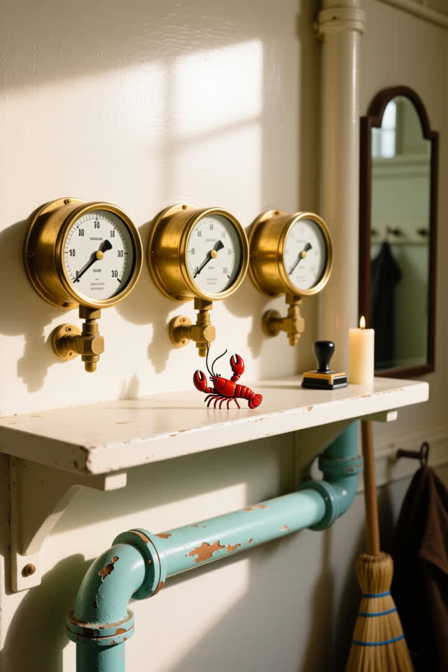 A bright municipal boiler-room side shelf in clean practical morning light. Three old brass-rimmed analog gauges are mou